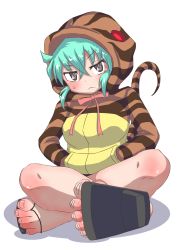 Rule 34 | aqua hair, commentary request, frown, geta, highres, hood, hood up, hoodie, kemono friends, neck ribbon, oruta na., ribbon, simple background, sitting, snake tail, soles, solo, striped clothes, striped hoodie, striped tail, sweat, tail, tengu-geta, toes, tsuchinoko (kemono friends), white background