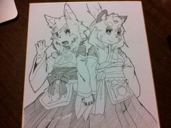 Rule 34 | 2girls, animal ear fluff, animal ears, animal nose, arm at side, blush, body fur, breasts, closed mouth, detached sleeves, facial mark, fang, female focus, flat chest, fox ears, fox girl, furry, furry female, greyscale, hakama, hakama skirt, half-closed eyes, hand on own hip, hand up, happy, holding hands, interlocked fingers, japanese clothes, kame (3t), kimono, light blush, long sleeves, looking at viewer, medium breasts, miko, monochrome, multiple girls, obi, open mouth, original, photo (medium), raccoon ears, raccoon girl, rin-chan (kame (3t)), sash, short hair, shoulder-to-shoulder, sketch, skirt, sleeveless, sleeveless kimono, smile, snout, standing, swept bangs, thick eyebrows, topknot, traditional media, waving, whisker markings, wide-eyed, wide sleeves, yhun-chan (kame (3t))