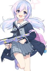 Rule 34 | 1girl, ahoge, backpack, bag, bare legs, black neckerchief, blue archive, blue coat, blue hair, coat, commentary, deca purio, dress, emblem, foot out of frame, grey dress, gun, hair ornament, halo, highres, holding, holding gun, holding weapon, charm (object), leg up, light blue hair, looking at viewer, medium hair, multicolored hair, neckerchief, open clothes, open coat, open mouth, pink bag, pink hair, pleated dress, purple eyes, purple footwear, reisa (blue archive), sailor collar, shoes, simple background, smile, sneakers, socks, solo, standard manufacturing dp-12, star (symbol), star hair ornament, striped clothes, striped socks, twintails, weapon, white background, white sailor collar