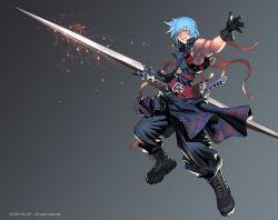 Rule 34 | 00s, 1boy, 2009, bad id, bad tumblr id, baggy pants, belt, black gloves, blue eyes, blue hair, boots, combat boots, double-blade, gloves, huge weapon, kilart, male focus, matching hair/eyes, muscular, original, pants, short hair, solo, sword, weapon, wink