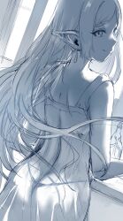 Rule 34 | 1girl, absurdres, alternate hairstyle, ass, ass focus, earrings, elf, frieren, from behind, hair down, hews, highres, jewelry, lingerie, long hair, looking at viewer, monochrome, negligee, pointy ears, seductive smile, see-through, shoulder blades, sketch, smile, solo, sousou no frieren, thong, underwear