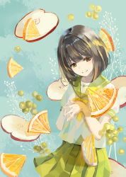 Rule 34 | 1girl, apple, apple slice, blue background, bob cut, bow, brown eyes, brown hair, closed mouth, commentary request, fingernails, fingers together, food, fruit, grapes, green sailor collar, green skirt, hands up, head tilt, highres, looking at viewer, naruse chisato, orange (fruit), orange slice, original, photoshop (medium), pleated skirt, puffy short sleeves, puffy sleeves, red apple, revision, sailor collar, school uniform, serafuku, shirt, short hair, short sleeves, skirt, smile, solo, white shirt, yellow bow