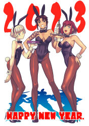 Rule 34 | 2023, 341 sentoudan, 3girls, :d, alternate costume, animal ears, bare shoulders, black lagoon, black leotard, blunt bangs, bow, bowtie, breasts, brown eyes, brown hair, cleavage, commentary request, covered navel, creator connection, detached collar, ermina shaumaher, fake animal ears, fake tail, full body, grin, hand on own hip, happy new year, high heels, highres, hiroe rei, large breasts, leotard, long hair, looking at viewer, medium breasts, meteora osterreich, multiple girls, new year, open mouth, pantyhose, playboy bunny, ponytail, rabbit ears, rabbit tail, re:creators, red hair, revy (black lagoon), small breasts, smile, standing, strapless, strapless leotard, swept bangs, tail, tattoo, teeth, upper teeth only, white hair, wrist cuffs