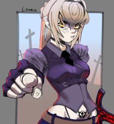 Rule 34 | 1girl, artoria pendragon (all), artoria pendragon (fate), belt, black neckwear, blonde hair, blush, border, braid, excalibur morgan (fate), eyelashes, eyes visible through hair, fate/grand order, fate (series), fingerless gloves, gloves, glowing, glowing sword, glowing weapon, hair between eyes, hatching (texture), highres, holding, holding sword, holding weapon, long hair, lycoris (lyc0riss), neckwear request, parted lips, planted, planted sword, planted weapon, pointing, pointing at viewer, pubic tattoo, puffy sleeves, purple gloves, saber alter, saber class (fate), signature, silhouette, sketch, solo, sword, tattoo, weapon, yellow eyes, zipper