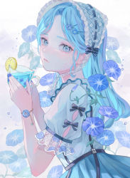 Rule 34 | 1girl, absurdres, black bow, blue eyes, blue flower, blue hair, blue nails, blue skirt, blue theme, bow, clock, commentary, cup, english commentary, fingernails, flower, food, from side, fruit, hair ornament, hairclip, highres, holding, holding cup, lemon, lemon slice, long hair, looking at viewer, nail polish, original, parted bangs, parted lips, powa (36iii), puffy short sleeves, puffy sleeves, shirt, short sleeves, simple background, skirt, solo, sweat, teacup, upper body, water, white background, white headdress, white shirt