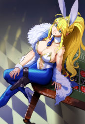 Rule 34 | 1girl, absurdres, animal ears, artoria pendragon (all), artoria pendragon (fate), artoria pendragon (swimsuit ruler) (fate), blonde hair, blue eyes, blue neckwear, blue pantyhose, braid, breasts, casino, cleavage, clothing cutout, fake animal ears, fate/grand order, fate (series), feather boa, fishnet pantyhose, fishnets, french braid, hair between eyes, high heels, highleg, highleg leotard, highres, large breasts, leotard, looking at viewer, moruga, navel, navel cutout, on table, pantyhose, playboy bunny, rabbit ears, roulette table, solo, table, white footwear, white leotard, wrist cuffs
