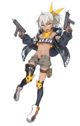 Rule 34 | abs, absurdres, asymmetrical legwear, bandana, black panties, black thighhighs, bright pupils, crop top, dark-skinned female, dark skin, dual wielding, flat chest, full body, girls&#039; frontline, green eyes, grey hair, gun, hair ornament, hairpin, highres, holding, hood, hoodie, klin (girls&#039; frontline), knee pads, midriff, navel, open mouth, open pants, panties, pants, short ponytail, simple background, solo, stomach, submachine gun, supernew, thigh strap, thighhighs, trigger discipline, underwear, uneven legwear, v-shaped eyebrows, weapon, white background