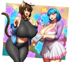 Rule 34 | 2girls, animal ears, bare shoulders, bell, black pants, blue hair, blue jacket, blunt bangs, blush, borrowed character, breasts, brown hair, cardigan, cat ears, cat girl, cat tail, character request, character signature, cleavage, closed eyes, collar, cowboy shot, dress, earrings, erkaz, hairband, halterneck, hands up, highres, holding, holding notebook, huge breasts, jacket, jewelry, medium hair, midriff, multiple girls, neck bell, notebook, open mouth, original, pants, print dress, purple cardigan, red collar, rina atherina, shadow, star (symbol), tail, white dress, white hairband