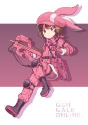 Rule 34 | &gt;:(, 1girl, animal ears, animal hat, black footwear, blush, boots, brown hair, bullpup, closed mouth, commentary request, copyright name, cross-laced footwear, eyebrows hidden by hair, fake animal ears, full body, fur-trimmed gloves, fur trim, gloves, gun, hat, highres, holding, holding gun, holding weapon, jacket, lace-up boots, llenn (sao), long sleeves, looking at viewer, p-chan (p90), p90, pants, personal defense weapon, pink gloves, pink hat, pink jacket, pink pants, purple eyes, rabbit ears, rabbit hat, shenbei xiaoqiu, short hair, solo, submachine gun, sword art online, sword art online alternative: gun gale online, v-shaped eyebrows, weapon