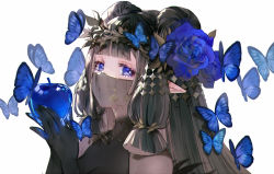 Rule 34 | 1girl, apple, black gloves, black hair, blue apple, blue butterfly, blue eyes, blue flower, blue rose, blunt bangs, blunt ends, bug, butterfly, butterfly on hair, double bun, embroidery, eyelashes, flower, food, fruit, gloves, hair bun, hair flower, hair net, hair ornament, hair ribbon, halterneck, hands up, head wreath, holding, holding food, insect, looking at viewer, mouth veil, nido celisius, original, pointy ears, portrait, puckered lips, ribbon, rose, see-through, sidelocks, simple background, solo, straight hair, tress ribbon, veil, white background