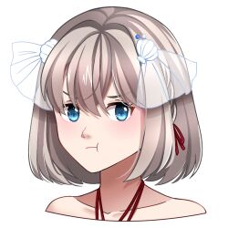 Rule 34 | 1girl, :t, artist request, blue eyes, bob cut, closed mouth, collarbone, isla (oc), light brown hair, looking at viewer, original, portrait, pout, second-party source, shell hair ornament, short hair, solo, transparent background