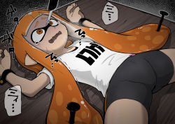 Rule 34 | 1girl, arms up, bike shorts, blade, blunt bangs, bound, bound wrists, cameltoe, clothes writing, constricted pupils, female focus, flat chest, imminent death, inkling, inkling girl, inkling player character, japanese text, long hair, lying, nail, nintendo, on back, on floor, open mouth, orange eyes, orange hair, pointy ears, restrained, roruri, ryona, scared, shirt, short sleeves, sidelocks, solo, speech bubble, splatoon (series), spread legs, squid spike, stationary restraints, sweat, tears, tentacle hair, tentacles, translation request, trembling, turn pale, twintails, very long hair, wavy mouth, white shirt, wide-eyed, wooden floor