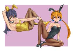 Rule 34 | 2girls, agent aika, aika (series), alisa southerncross, alternate costume, animal ears, bare arms, bare shoulders, black footwear, black leotard, blue hair, bow, bowtie, breasts, brown eyes, cleavage, crossover, crotch, delmo, detached collar, eyebrows, fake animal ears, female focus, golden delmo, hair bobbles, hair ornament, hairband, high heels, highres, keroro gunsou, leg up, leotard, long hair, looking at viewer, low twintails, medium breasts, multiple girls, nebula (keroro), open mouth, orange hair, pantyhose, pink eyes, playboy bunny, rabbit ears, rabbit tail, rie petoriyacowa, simple background, skin tight, spread legs, strapless, strapless leotard, tail, thighs, tsukasa (srs-z750), twintails, very long hair, wrist cuffs, yellow footwear, yellow leotard
