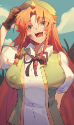 Rule 34 | 1girl, :d, absurdres, beret, blue eyes, blue sky, braid, breasts, day, gloves, hat, hat ornament, highres, hong meiling, large breasts, liangyilin, long hair, open mouth, outdoors, puffy sleeves, red hair, sky, smile, solo, star (symbol), star hat ornament, teeth, tongue, touhou, twin braids, upper body