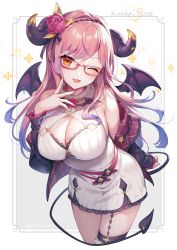 Rule 34 | 1girl, ;3, ;d, absurdres, bare shoulders, breasts, cleavage, commentary request, cowboy shot, demon girl, demon horns, demon tail, demon wings, flower, glasses, gomashio ponz, hair flower, hair ornament, highres, horns, jacket, kurari rose, large breasts, long hair, long sleeves, looking at viewer, mole, mole under eye, one eye closed, open mouth, pink hair, rose, smile, solo, tail, tongue, virtual youtuber, wactor production, wings, yellow eyes