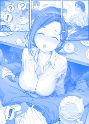 Rule 34 | !, 1boy, 1girl, ?, ^ ^, beer mug, between legs, blue theme, blush, bra, breasts, chopsticks, cleavage, closed eyes, comic, commentary request, cup, dress shirt, drunk, getsuyoubi no tawawa, hair ornament, hairclip, himura kiseki, indoors, kneeling, kouhai-chan (tawawa), large breasts, mole, mole under eye, monochrome, mug, necktie, nose blush, open mouth, pantyhose, parted bangs, pov, see-through, shirt, silent comic, single sidelock, spoken exclamation mark, spoken question mark, squeans, surprised, under table, underwear