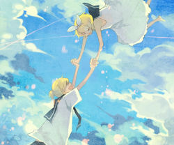 Rule 34 | 1boy, 1girl, bad id, bad pixiv id, blonde hair, brother and sister, cloud, day, dress, closed eyes, hair ribbon, holding hands, hetero, kagamine len, kagamine rin, mig (36th underground), ribbon, siblings, twins, vocaloid