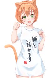Rule 34 | 1girl, :3, :o, absurdres, animal ears, cat ears, cat girl, cat tail, curled fingers, green eyes, hair between eyes, hand up, highres, hoshizora rin, kobayashi nyoromichi, long shirt, love live!, love live! school idol project, mogyutto &quot;love&quot; de sekkin chuu!, nekomata, open mouth, orange hair, paw pose, short hair, simple background, solo, tail, tail raised, translation request, white background