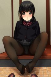 Rule 34 | 1girl, absurdres, arm support, black footwear, black hair, black jacket, bow, brown eyes, brown pantyhose, collared shirt, diagonal stripes, feet, grey skirt, highres, indoors, jacket, loafers, long hair, looking at viewer, matsunaga kouyou, navel, original, panties, panties under pantyhose, pantyhose, pantyshot, parted lips, pleated skirt, red bow, shirt, shoes, unworn shoes, sitting, skirt, solo, striped, striped bow, toenails, toes, underwear, white shirt