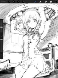 Rule 34 | 1girl, breasts, closed mouth, commentary request, from below, girls und panzer, greyscale, highres, jacket, kotoyama, looking at viewer, medium hair, military, military uniform, monochrome, nishizumi miho, ooarai military uniform, pleated skirt, sitting, skirt, solo, tank interior, uniform, vehicle interior