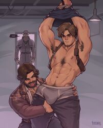 Rule 34 | 3boys, abs, absurdres, armpit hair, armpits, bara, bitores mendez, black hair, black pants, black shirt, bound, bound wrists, briefs, brown hair, brown jacket, bulge, chest hair, clothes pull, cuffs, facial hair, grey male underwear, handcuffs, helbai, highres, jacket, large pectorals, leon s. kennedy, looking at another, luis sera, male focus, male underwear, multiple boys, muscular, muscular male, navel, nipples, open clothes, open jacket, pants, pants pull, pectorals, resident evil, resident evil 4, resident evil 4 (remake), restrained, shirt, short hair, tongue, tongue out, underwear, white shirt, yaoi
