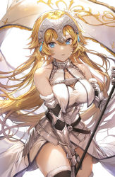 Rule 34 | 1girl, armor, armpit crease, bare shoulders, battle standard, black gloves, blonde hair, blue eyes, blurry, breasts, chain, cleavage, collar, collarbone, commentary, cowboy shot, dress, elbow gloves, fate/grand order, fate (series), flag, fur trim, gauntlets, gloves, headgear, highres, holding, jeanne d&#039;arc (fate), jeanne d&#039;arc (ruler) (fate), jeanne d&#039;arc (third ascension) (fate), large breasts, long hair, looking at viewer, parted lips, pillo, simple background, sleeveless, sleeveless dress, solo, thighhighs, thighs, very long hair, white background, white dress