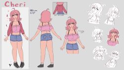 Rule 34 | absurdres, ahoge, ass, bra strap, breasts, character sheet, cleavage, cleavage cutout, clothing cutout, crop top, denim, denim shorts, highres, large breasts, lipstick, makeup, memobee, mole, mole on breast, navel, original, pink eyes, pink hair, pink lips, pink shirt, shirt, shorts, sweater, tall female, thick lips, thighs