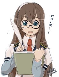 Rule 34 | 10s, 1girl, 2015, 4suke, :d, alternate hair color, artist name, black-framed eyewear, blue eyes, brown hair, collared shirt, dated, feathers, glasses, hair between eyes, hairband, kantai collection, layered clothes, layered sleeves, long hair, long sleeves, looking down, necktie, notebook, ooyodo (kancolle), open mouth, pen, puffy short sleeves, puffy sleeves, red necktie, school uniform, semi-rimless eyewear, serafuku, shirt, short over long sleeves, short sleeves, simple background, smile, solo, translation request, under-rim eyewear, upper body, writing