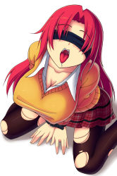 Rule 34 | 1girl, bdsm, blindfold, blush, bondage, bound, breasts, cleavage, highres, kisaragi yakumo, large breasts, long hair, open mouth, original, pantyhose, red hair, saliva, school uniform, sitting, skirt, solo, sweater vest, tongue, torn clothes