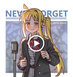 Rule 34 | 1girl, ahoge, black jacket, blonde hair, blush, bocchi the rock!, bow, bowtie, closed mouth, collared shirt, commentary, cosplay, english text, gibberish commentary, grey pants, hands up, highres, ijichi nijika, jacket, long hair, long sleeves, microphone, myjet, never gonna give you up, open clothes, open jacket, orange eyes, pants, play button, red bow, red bowtie, rick astley, rick astley (cosplay), shirt, side ponytail, smile, solo, striped clothes, striped shirt, twitter username, upper body, white shirt