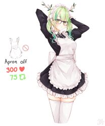 Rule 34 | 1girl, alternate costume, antlers, apron, arms behind head, black-framed eyewear, black skirt, blush, breasts, ceres fauna, commentary, english commentary, frilled skirt, frills, glasses, green hair, highres, hololive, hololive english, horns, large breasts, like and retweet, long hair, looking at viewer, ma draws, maid, maid apron, maid headdress, meme, mole, mole under eye, simple background, skirt, solo, thighhighs, twitter strip game (meme), undressing, virtual youtuber, white apron, white background, white thighhighs, yellow eyes