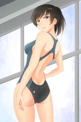 Rule 34 | 1girl, amagami, ass, back, black hair, butt crack, competition swimsuit, from behind, hand on own hip, kishida-shiki, lips, looking back, one-piece swimsuit, ponytail, purple eyes, smile, solo, swimsuit, tsukahara hibiki