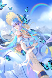 Rule 34 | 1girl, absurdres, ahoge, blue butterfly, blue hair, blue sky, bug, butterfly, cloud, disembodied hand, douluo dalu, gradient eyes, hat, highres, insect, long hair, looking at viewer, mountain, multicolored eyes, open mouth, outstretched hand, rainbow, reaching, reaching towards viewer, short sleeves, sky, straw hat, tang wutong (douluo dalu), upper body, xue behui huahua bu gaiming