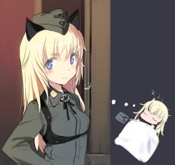 Rule 34 | 1girl, aged up, blonde hair, blue eyes, blush, hat, helma lennartz, long hair, looking at viewer, military, military uniform, shimada fumikane, solo, strike witches, strike witches: suomus misfits squadron, uniform, world witches series