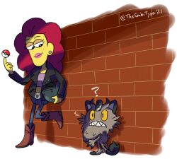 Rule 34 | 1girl, ?, belt, big city greens, biker clothes, boots, brick wall, city, claws, cowboy boots, creatures (company), crop top, denim, earrings, freckles, galarian form, galarian meowth, game freak, gen 8 pokemon, grey fur, helmet, highres, holding, holding poke ball, horns, jeans, jewelry, motorcycle helmet, nancy, nintendo, pants, pink lips, poke ball, poke ball (basic), pokemon, red hair, whiskers