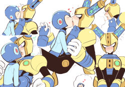 Rule 34 | 2boys, android, armor, black bodysuit, blue armor, blue headwear, blush, bodysuit, closed eyes, commentary request, constricted pupils, covered navel, drooling, embarrassed, french kiss, fuse, fuse man, glass, gloves, grabbing, hand under chin, hands on another&#039;s head, hands on another&#039;s hips, heart, helmet, holding hands, joints, kiss, looking at another, male focus, mega man (character), mega man (classic), mega man (series), mega man 11, multiple boys, multiple views, purple eyes, robot, robot ears, robot joints, simple background, steam, surprise kiss, surprised, sweat, sweatdrop, trembling, vambraces, wenyu, white background, white gloves, yaoi, yellow armor, yellow headwear