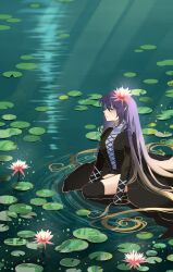 Rule 34 | 1girl, absurdres, black thighhighs, closed eyes, closed mouth, commentary, cross-laced clothes, flower, flower on head, full body, gradient hair, highres, hijiri byakuren, light rays, lily pad, long hair, multicolored hair, ourie, outdoors, purple hair, solo, thighhighs, touhou, very long hair, water lily flower
