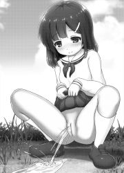 Rule 34 | 1girl, arisu kazumi, blush, breasts, cleft of venus, clothes lift, cloud, grass, hair ornament, hairclip, highres, long hair, long sleeves, looking down, monochrome, neckerchief, no panties, original, peeing, puddle, pussy, school uniform, shoes, skirt, skirt lift, sky, small breasts, smile, socks, spread legs, squatting, uncensored, white socks