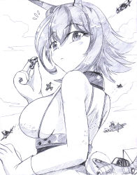 Rule 34 | 10s, 1girl, ^^^, absurdres, aircraft, airplane, bare shoulders, blush, breasts, collar, flying sweatdrops, from behind, giant, giantess, greyscale, hank88, highres, holding, kantai collection, large breasts, looking at viewer, looking back, monochrome, mutsu (kancolle), outdoors, short hair, sideboob, sky, solo focus, surprised, underbust, white background