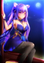 Rule 34 | 1girl, absurdres, akatsuki no usagi, bare shoulders, black pantyhose, breasts, cleavage, cone hair bun, detached sleeves, dress, feet out of frame, genshin impact, hair bun, highres, keqing (genshin impact), long hair, medium breasts, pantyhose, purple dress, purple eyes, purple hair, short dress, sitting, smile, solo, strapless, strapless dress, twintails, very long hair