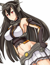 Rule 34 | 10s, 1girl, bare shoulders, black hair, breasts, groin, hai ookami, hand on own hip, highres, kantai collection, long hair, lowleg, lowleg skirt, nagato (kancolle), navel, red eyes, sideboob, simple background, skirt, solo, white background