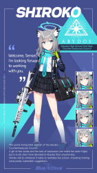Rule 34 | 1girl, absurdres, animal ear fluff, animal ears, assault rifle, bag, blue archive, blue scarf, cat ears, character name, character sheet, commentary, cross, full body, gloves, green gloves, grey hair, gun, hair ornament, hairclip, halo, highres, hwansang, kneehighs, latin cross, magazine (weapon), mismatched pupils, necktie, official art, pleated skirt, rifle, scarf, school bag, school uniform, shiroko (blue archive), shoes, sig sauer, sig sauer 556, skirt, sneakers, socks, solo, trigger discipline, vertical forward grip, weapon