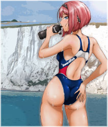 Rule 34 | 1girl, aircraft, airplane, ark royal (kancolle), ass, biplane, blue eyes, blue one-piece swimsuit, blunt bangs, bob cut, bottle, cliff, clothes writing, competition swimsuit, drinking, fairey swordfish, from behind, hairband, hand on own ass, igarashi tetsuwo, inverted bob, kantai collection, looking back, one-piece swimsuit, outdoors, profile, red hair, short hair, solo, swimsuit, water bottle
