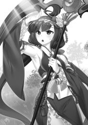 Rule 34 | 1girl, ahoge, arm up, armpits, bow, bracelet, breasts, cowboy shot, day, detached sleeves, floating hair, flower, greyscale, hair between eyes, hair bow, hair flower, hair ornament, hair scrunchie, highres, holding, holding weapon, japanese clothes, jewelry, kimono, long hair, long sleeves, looking up, madan no ou to michelia, madan no ou to vanadis, miyatsuki itsuka, monochrome, novel illustration, official art, outdoors, scrunchie, scythe, side slit, sideboob, sleeveless, sleeveless kimono, small breasts, solo, standing, sunlight, sweatdrop, twintails, very long hair, weapon, wide sleeves
