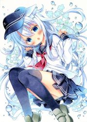 Rule 34 | 1girl, :o, anchor symbol, animal ears, black hat, black sailor collar, black skirt, black thighhighs, blouse, blue eyes, blush, bubble, cat ears, clover, commentary, double horizontal stripe, fang, flat cap, floating, grey footwear, hat, hibiki (kancolle), kantai collection, kemonomimi mode, loafers, long hair, long sleeves, looking at viewer, marker (medium), miniskirt, neckerchief, open mouth, pleated skirt, puu (kari---ume), red neckerchief, sailor collar, school uniform, serafuku, shirt, shoes, skirt, solo, thighhighs, traditional media, w arms, white hair, white shirt