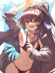 Rule 34 | 1girl, arm up, armpits, bags under eyes, bikini, black bikini, black cardigan, black hair, blue archive, blue eyes, breasts, cardigan, furrowed brow, hair intakes, hairband, highres, jewelry, long hair, looking at viewer, navel, open cardigan, open clothes, open mouth, pendant, ponytail, purple hairband, qc6, small breasts, solo, sweat, swimsuit, ui (blue archive), ui (swimsuit) (blue archive), upper body, very long hair