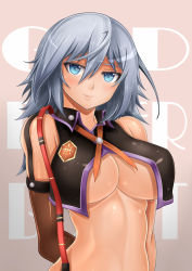 Rule 34 | 10s, 1girl, alisa ilinichina amiella, arms behind back, bad id, bad pixiv id, bare shoulders, breasts, colored eyelashes, covered erect nipples, elbow gloves, female focus, gloves, god eater, god eater burst, gradient background, hat, large breasts, no headwear, oni-noboru, revision, short hair, silver hair, smile, solo, upper body