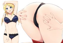 Rule 34 | 1girl, :d, anus, anus peek, arm up, armpits, ass, black bra, black panties, blonde hair, blue eyes, blush, bra, breasts, cleavage, collarbone, commentary request, gin00, hachimiya meguru, idolmaster, idolmaster shiny colors, lace, lace-trimmed panties, lace trim, large breasts, long hair, looking at viewer, mixed-language commentary, multiple views, navel, open mouth, panties, shirt, simple background, smile, spread ass, striped clothes, striped panties, underwear, underwear only, vertical-striped clothes, vertical-striped panties, white background