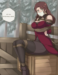 Rule 34 | 1girl, absurdres, arms behind back, bare shoulders, bdsm, bondage, bound, bound ankles, bound arms, bound legs, box, breasts, brown hair, captured, cart, cleavage, dorothea arnault, dress, earrings, fire emblem, fire emblem: three houses, gag, gagged, green eyes, highres, improvised gag, intelligent systems, jewelry, large breasts, legs together, long hair, looking at viewer, nintendo, outdoors, red dress, rope, ryner-e, shibari, sitting, sleeveless, sleeveless dress, solo, speech bubble, tape, tape gag, tree