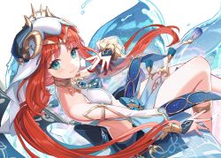 Rule 34 | 1girl, aqua eyes, bare shoulders, blue nails, bracer, brooch, circlet, closed mouth, crop top, detached sleeves, dutch angle, fake horns, genshin impact, gold trim, harem outfit, highres, horns, jewelry, long sleeves, looking at viewer, low twintails, nail polish, neck ring, nilou (genshin impact), parted bangs, puffy long sleeves, puffy sleeves, red hair, sitting, skirt, smile, solo, thighs, twintails, veil, white headwear, yu-ri (arium047)